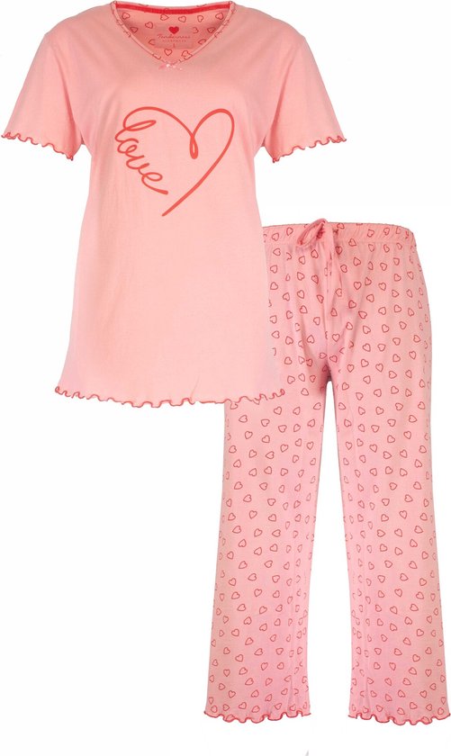 Dames Pyjama Set Tenderness – Hartjes print - 100% Gekamde Katoen – Roze - Maat L