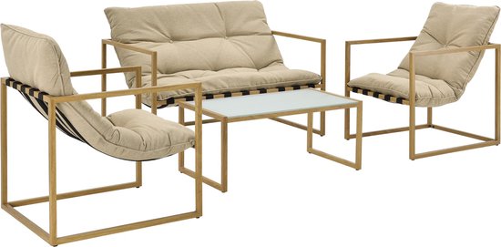 Tuinset Marcelle - 4-delig - Tafel - Bank - 2x stoelen - Houtkleurig en Kaki Bruin - Luxe Look