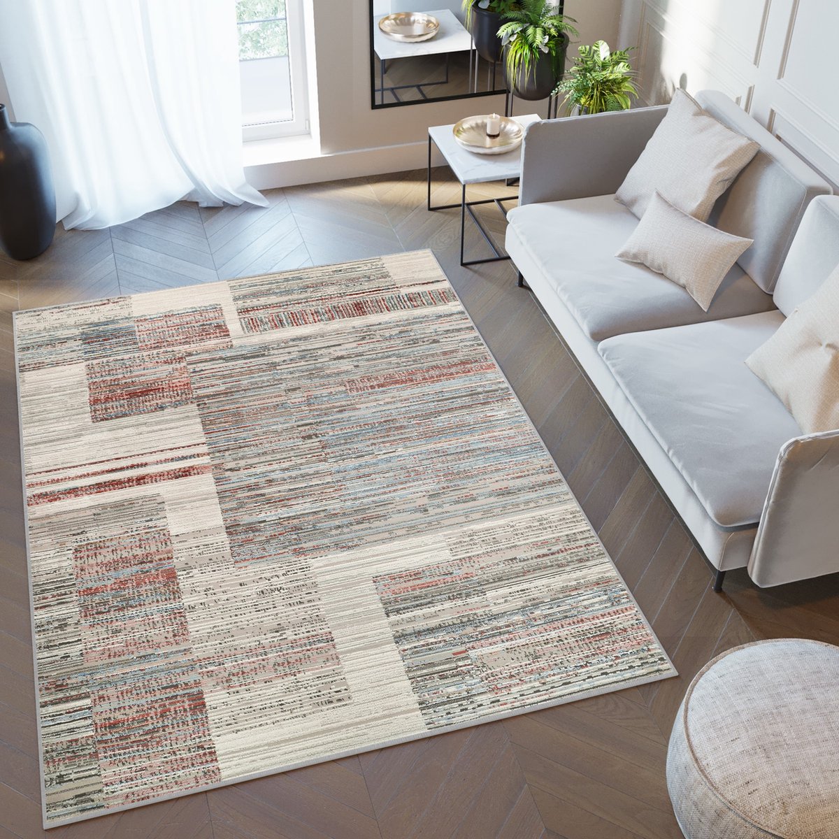 Tapiso Retro Vloerkleed Retro Grijs Rood Blauw Gestreept Modern Tapijt- 140x200