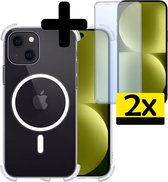 Hoesje Geschikt voor iPhone 15 Hoesje Geschikt voor Magsafe Siliconen Shock Proof Case Met 2x Screenprotector - Transparant