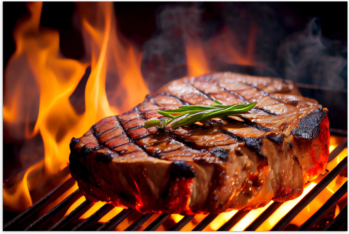 Poster (Mat) - Brandende Steak op Barbecue - 60x40 cm Foto op Posterpapier met een Matte l