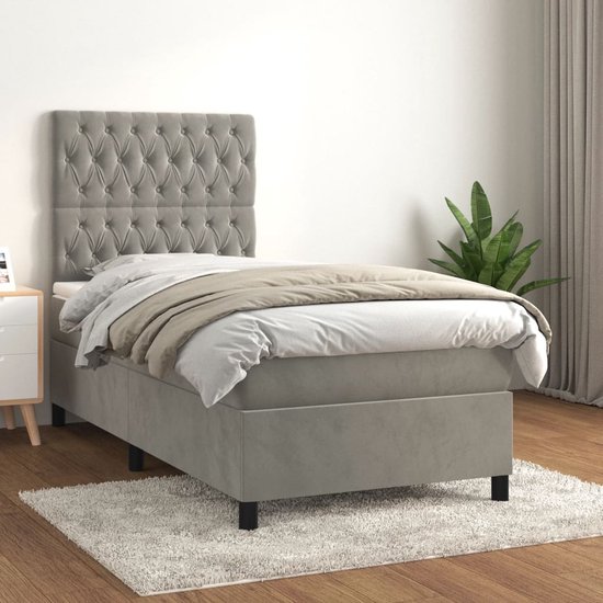 The Living Store Bed - Boxspringbed - Bed - 203x100x118/128cm - Kleur- Lichtgrijs