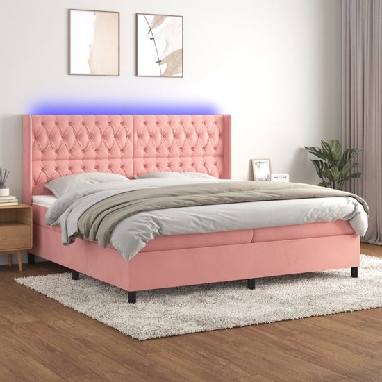 The Living Store Boxspring - Roze fluwelen bed met matras en LED-verlichting - 203x203x118/128cm