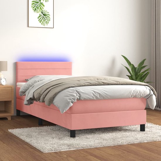 The Living Store Boxspringroze - fluweel - 203x100x78/88 cm - LED-verlichting - Pocketvering matras - Huidvriendelijk topmatras - The Living Store