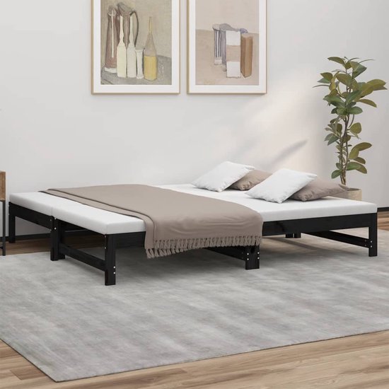 The Living Store Logeerbed - Massief grenenhout - Uitschuifbaar bed - Gelat ontwerp - Eenvoudig gebruik - Zwart - 195.5x148x30cm