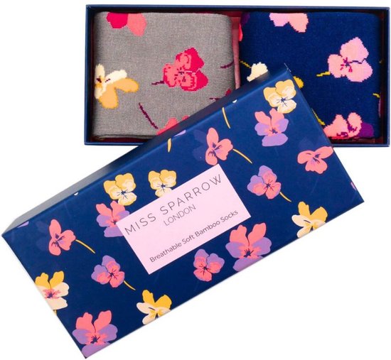 Miss Sparrow - Bamboe sokken dames cadeaudoos - viooltjes - bloemen - vrolijke sokken - damessokken - giftbox- geschenkset - cadeau