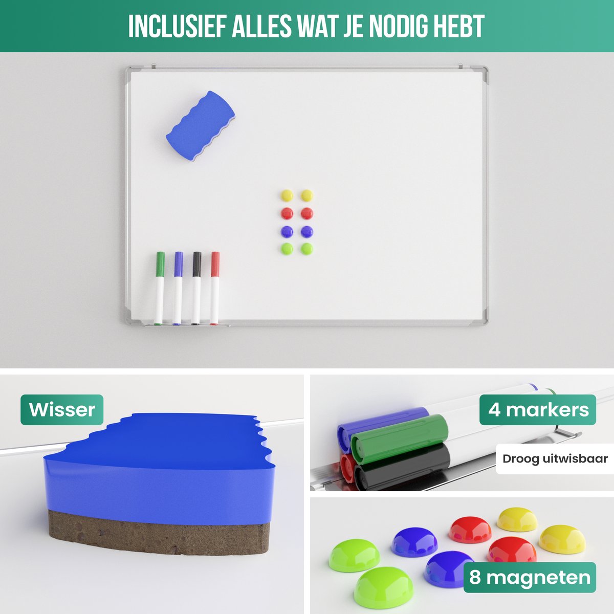 Avalo Whiteboard 60x90 cm - 14 in 1 set - Whiteboard Magnetisch inclusief Markers, Magneten & Wisser thumbnail 8