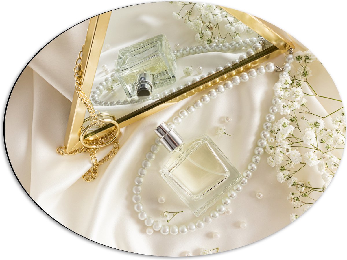 Dibond Ovaal - Spiegel - Parfum - Ketting - Bloemen - 68x51 cm Foto op Ovaal (Met Ophangsy