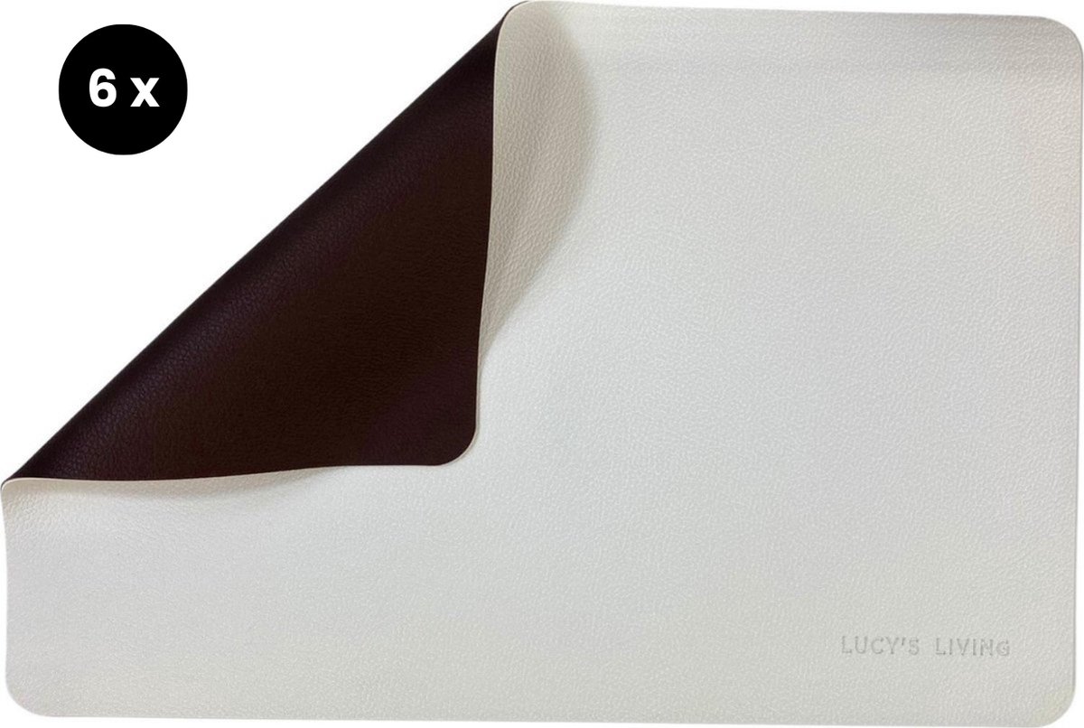 6 x Lucy's Living Luxe Placemat ALLORA Bruin/wit - 30 x 45 cm - dubbelzijdig - kunstleer - kunststof - kinderen