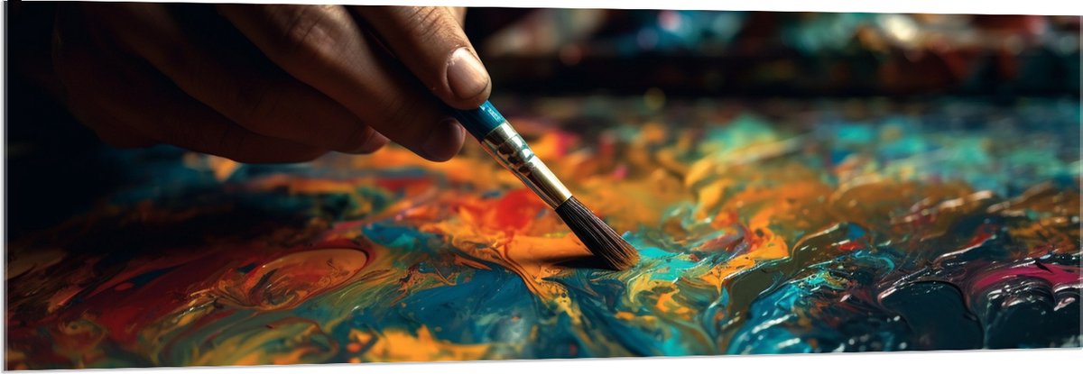 Acrylglas - Hand - Kwast - Kleuren - Mengen - Verf - Kunst - 150x50 cm Foto op Acrylglas (Met Ophangsysteem)
