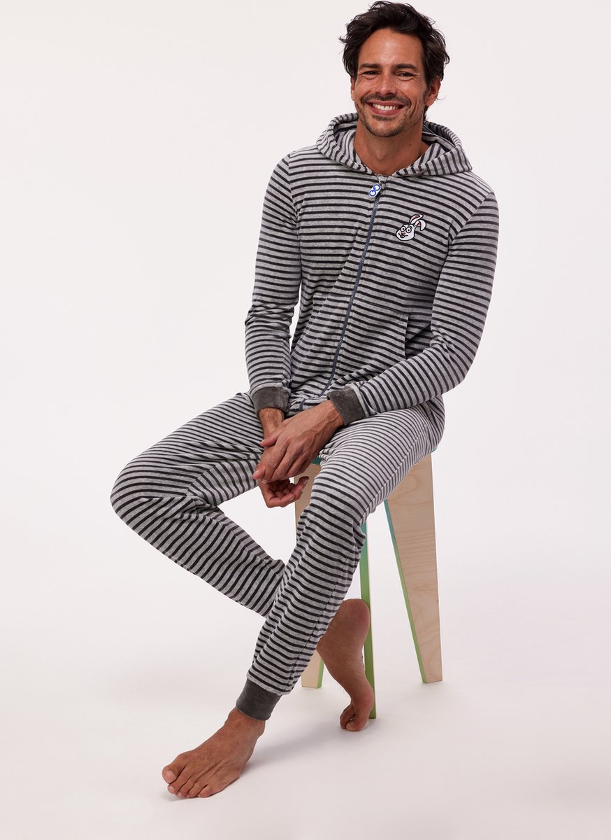 Woody onesie velours unisex - antraciet-grijs gestreept - haas - 232-10-ONE-V/924