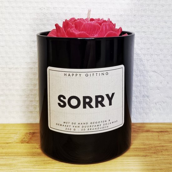 Sorry - Soja was geurkaars - Rode roos - Kaarsglas glanzend zwart - Vanille geur - 250 gram - 50 branduren - Geurkaars - Kaars - Kaars met tekst - Soja was – Soy wax – Handgemaakt – Cadeau – Vanilla - Geschenk – Duurzaam