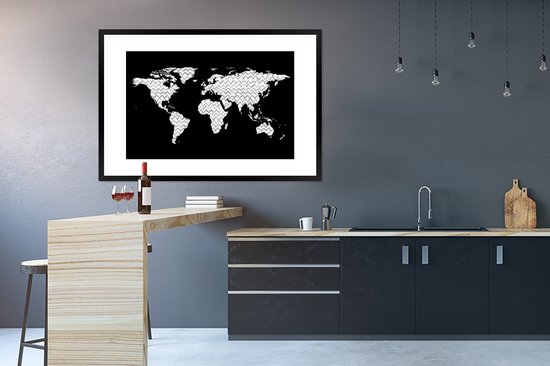 Wereldkaart en noir et blanc avec motif zigzag 120x80 cm