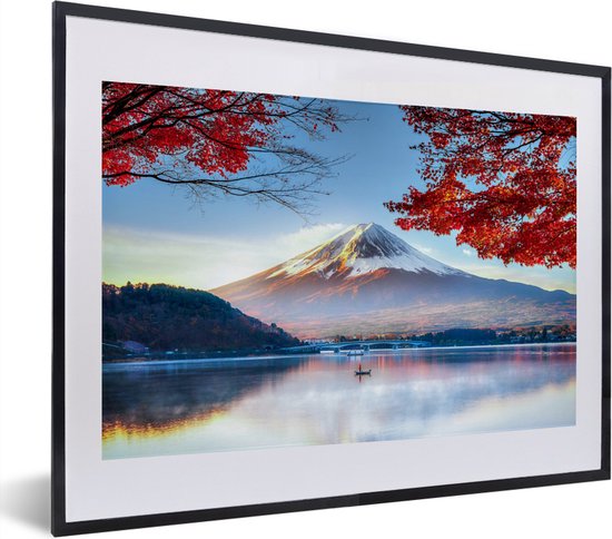 Photo en cadre - La montagne japonaise Fuji en Asie pendant l'automne cadre photo noir avec passe-partout blanc petit 40x30 cm - Affiche sous cadre (Décoration murale salon / chambre)