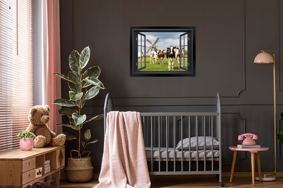 Poster in lijst - Fotolijst 80x60 cm - Posters - Doorkijk - Koe - Molen - Koeien - Weiland - Gras - Groen - Posterlijst zwart - Decoratie - Wanddecoratie woonkamer - Muurdecoratie slaapkamer