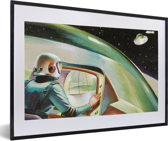 Photo en cadre - Une illustration colorée d'un OVNI dans l'espace cadre photo noir avec passe-partout blanc, moyen 60x40 cm - Affiche sous cadre (Décoration murale salon / chambre)