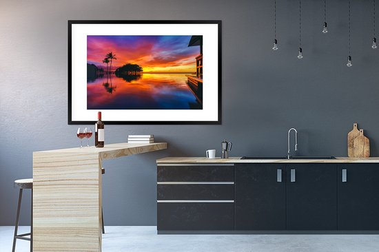 Photo en cadre - Un coucher de soleil coloré à Wailea Beach sur le cadre photo américain Hawaii noir avec passe-partout blanc xxl 120x80 cm - Affiche sous cadre (Décoration murale salon / chambre)