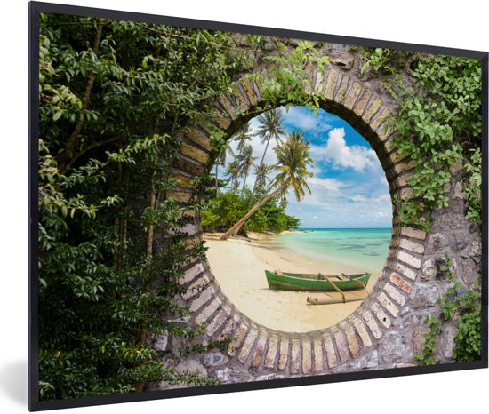 Gards Tuinposter Doorkijk Tropisch Strand bij de Licht Blauwe Zee