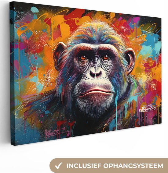 Canvas Schilderij Aap - Gorilla - Graffiti - Dieren - Kleuren - 90x60 cm - Wanddecoratie
