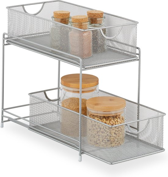 Relaxdays keuken organizer metaal - badkamerrek met 2 schuifmanden - smalle kast organizer - zilver