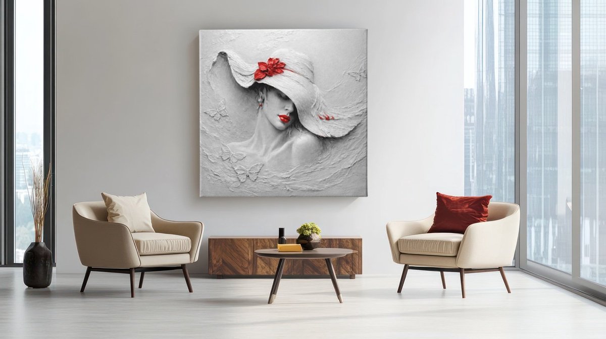 Vierkant Canvas Schilderij Vrouw - Zwart Wit met Rode Accenten - 3D Reliëf Stijl Moderne W
