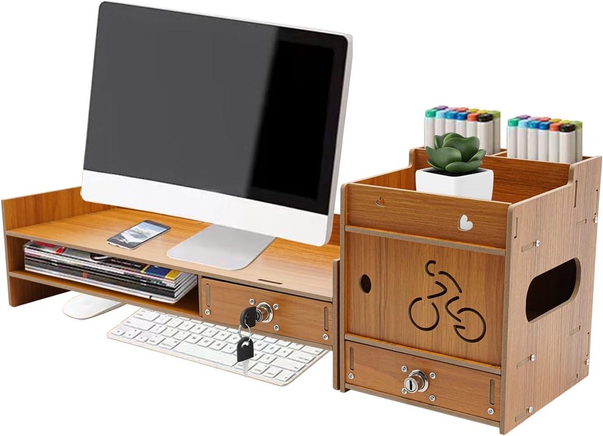 Monitor Verhoger - Bureau Organizer - Nekklachten Voorkomen - Met Lades - 48x20x13.5cm - Houtkleur