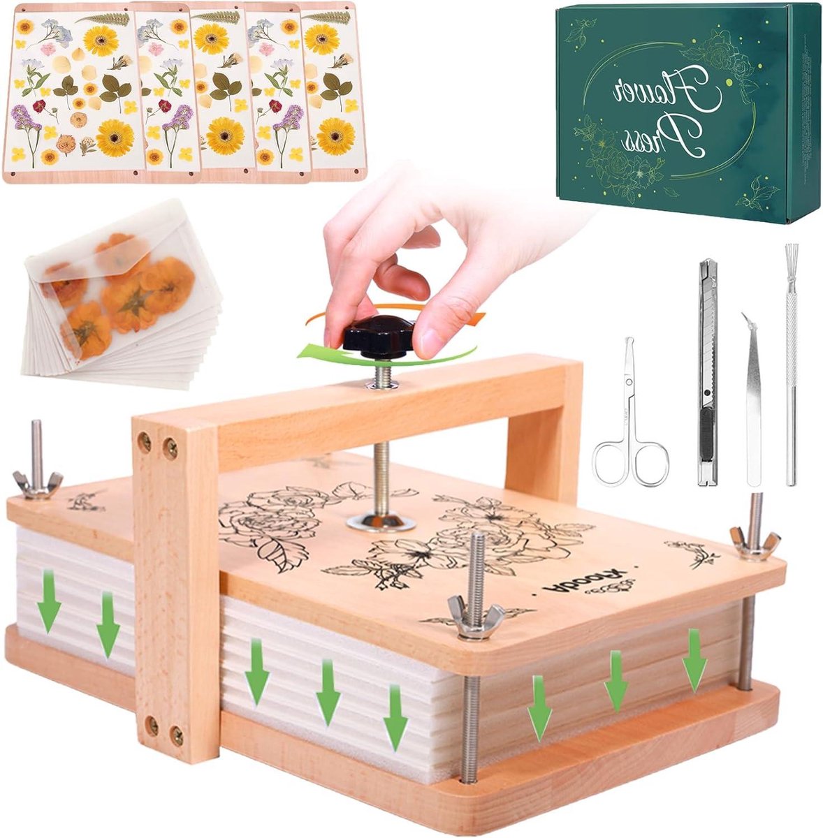 Aboofx Grote bloemenperskit, 6 lagen 11,8 "x 8,35" gelijkmatige druk bloem persen doe-het-zelf kunst en ambachtelijke kit voor volwassenen, gedroogde bloemen planten conserveringsset cadeau voor