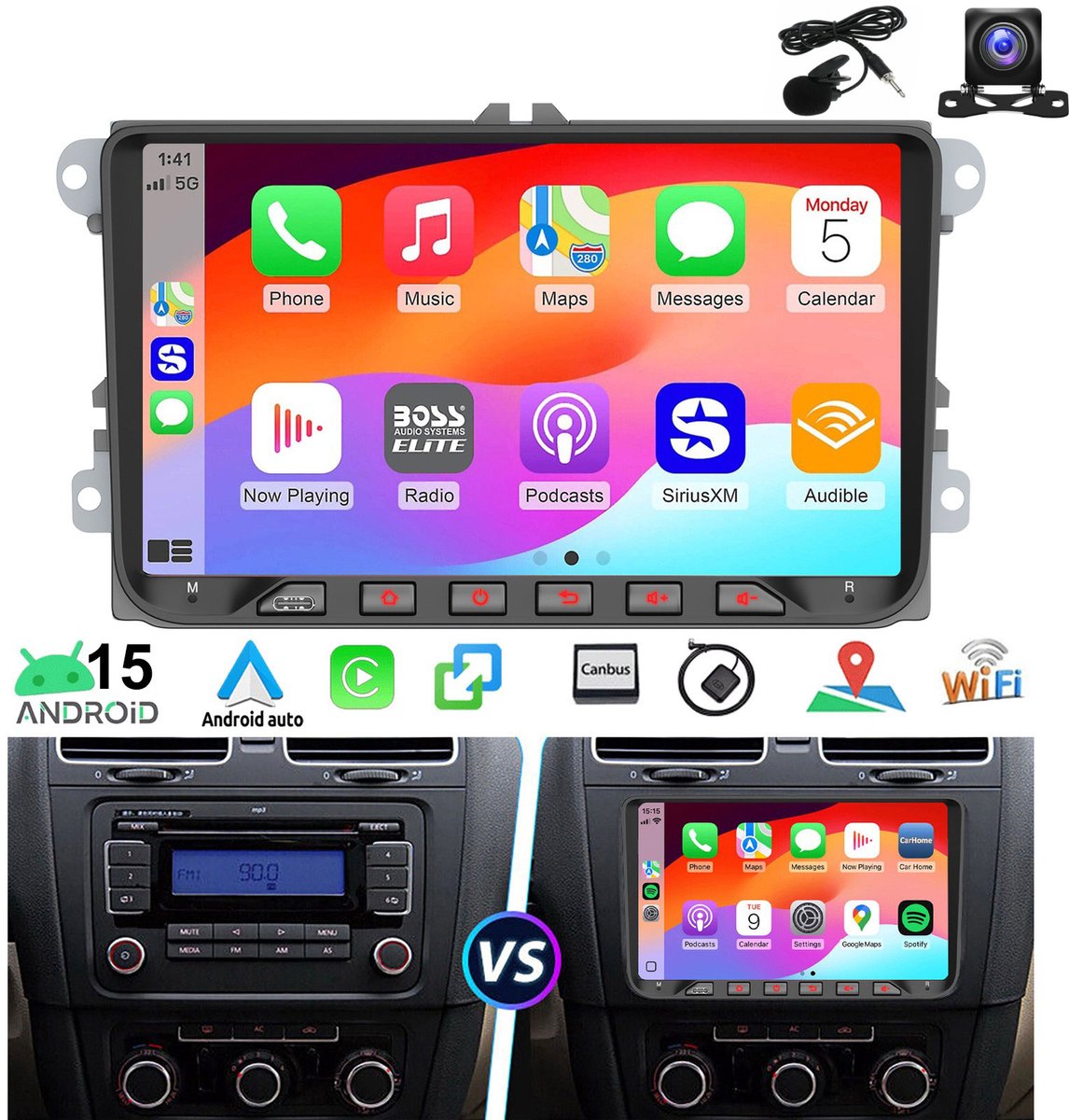 ESSGOO Autoradio voor Volkswagen GOLF 5 EOS Touran Tiguan Polo Seat Skoda - Draadloos Carplay Android Auto - Android 15.0 Systeem - 4+64GB - 9 INCH IPS touchscreen - GPS Bluetooth Wifi TypeC - Achteruitrijcamera - Microfoon