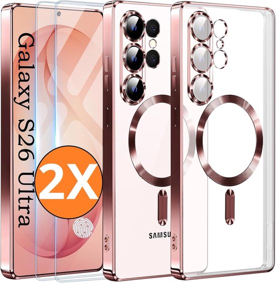 Coque or rose avec anneau magnétique et deux protecteurs d'écran pour Samsung Galaxy S26 Ultra.