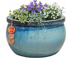 Teramico Handgemaakte keramische plantenbak, vorstbestendige keramische bloempot met afvoergat, weerbestendige grote pot, ideaal voor binnen en buiten, groen, 52 x 31 cm
