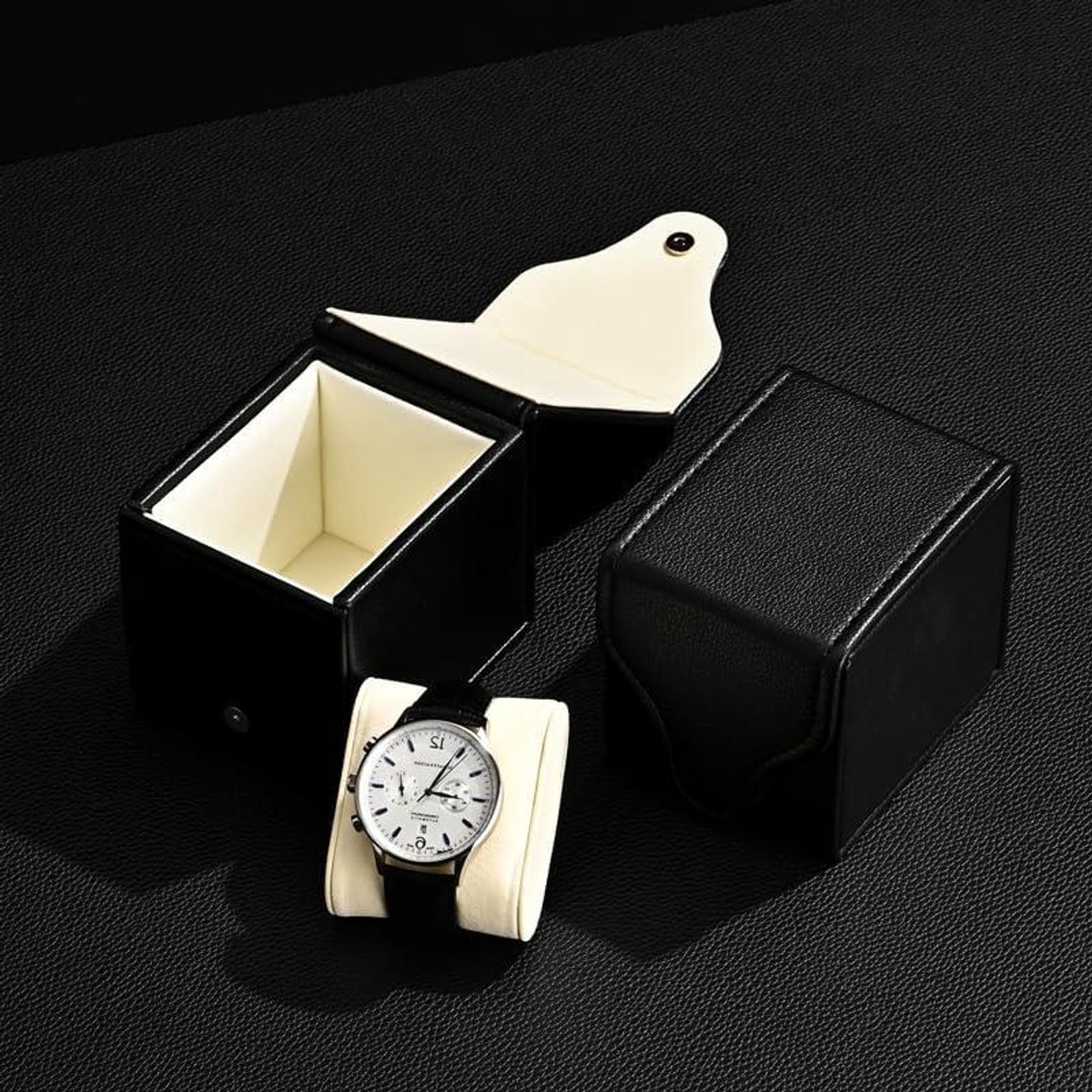 Leren Horlogedoos - Horloge Opberger - Veilig Opbergen - Handgemaakt Luxe Leer - 9.5x9.5x9.5 cm - Zwart