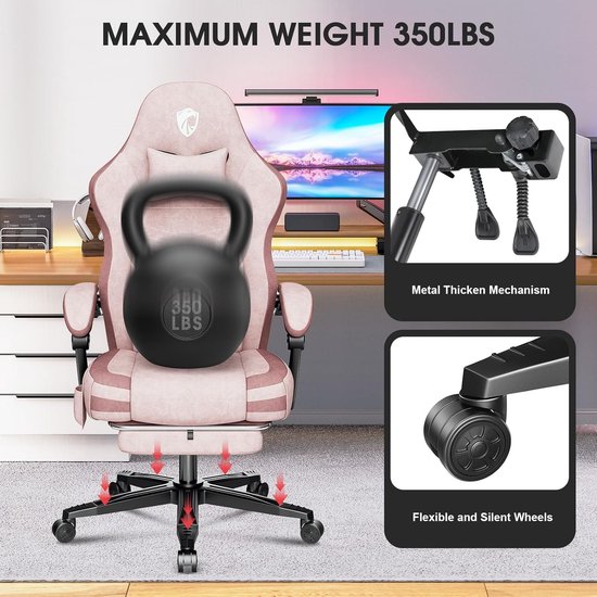 Douxlife Gamingstoel, stof met massage, verbreed zitkussen met pocketveren, ergonomische bureaustoel, pc-gamerstoel met voetensteun en metalen poten, 158 kg belastbaarheid, roze van Merkloos — afbeelding 5