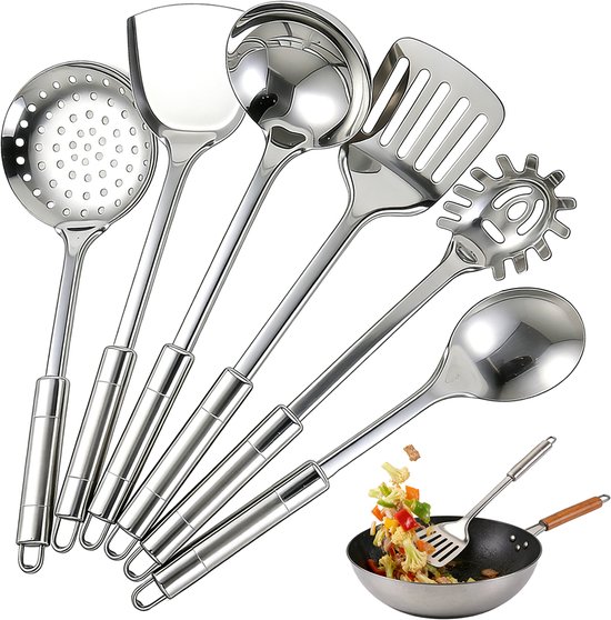 Keukengerei set van 410 roestvrij staal - 6-delig - Anti-aanbak kookgerei - Keukenbenodigdheden - Hittebestendig metalen keukengerei, ophangmodel - Geschikt voor restaurants en keukens