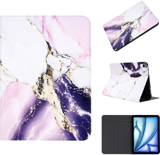 Collage van de iPad hoes met marmerprint in wit, roze, paars en goud. Diverse weergaven van de hoes, ook in open en gesloten toestand.