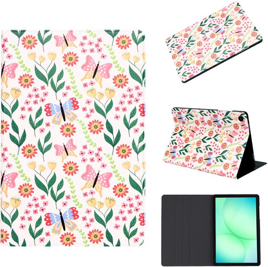 Vue d'ensemble de la couverture de tablette avec imprimé floral et papillon dans diverses positions, y compris une couverture séparée et la tablette elle-même.