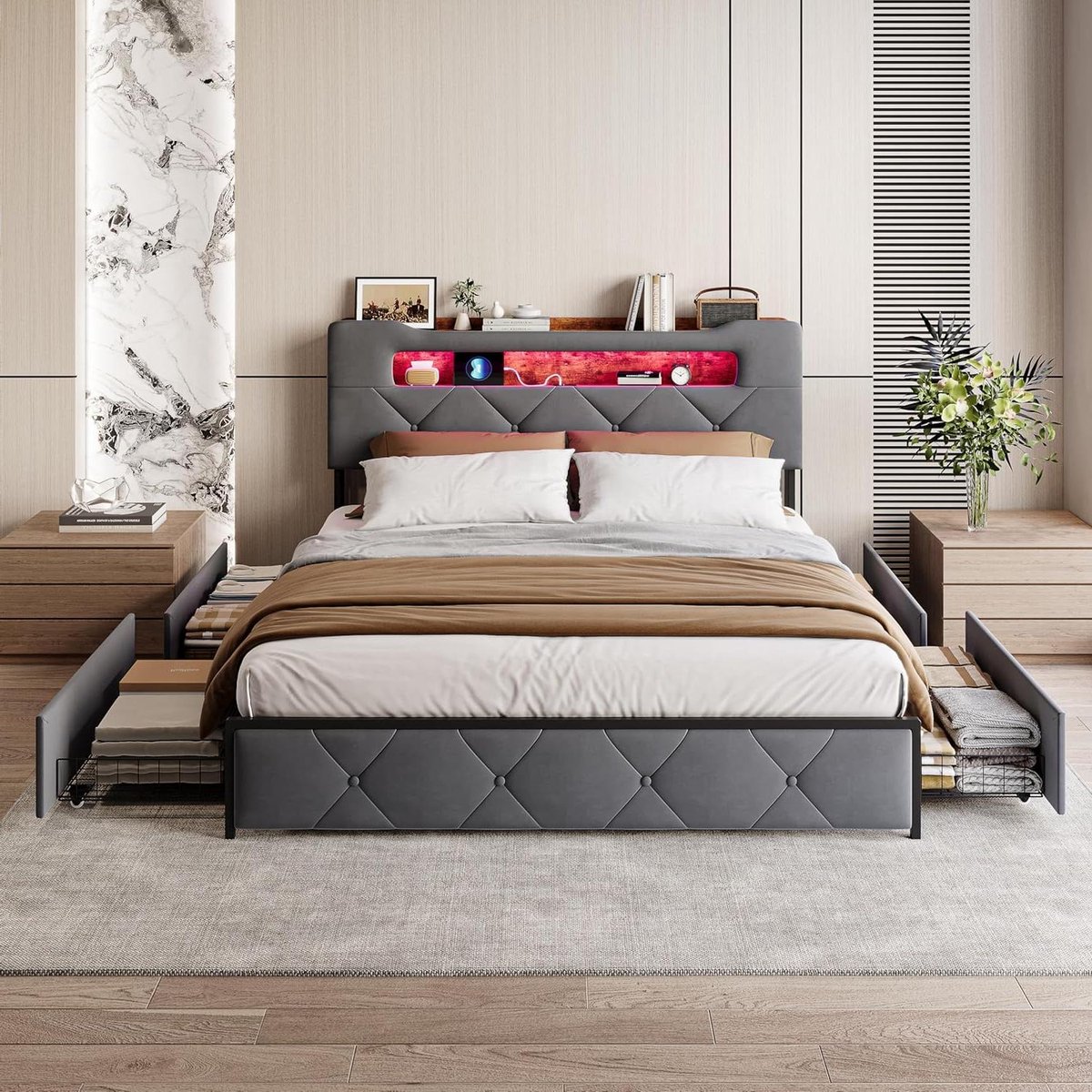 Tweepersoonsbed met Opbergruimte - Bedframe met Laden - Compacte Opslag - Geïntegreerde LE