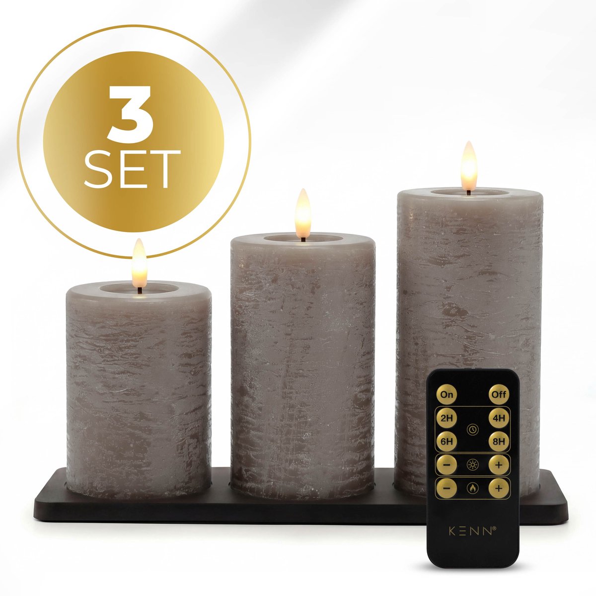 KENN® GlowPro™ Oplaadbare LED Kaarsen – Tot 400 Branduren – Set van 3 – Rustiek Taupe – Met Afstandsbediening & Timer – Magnetisch Oplaadstation – Bewegend Vlameffect – LED Kaarsen Oplaadbaar – LED Stompkaarsen – Kaarsen met Flikkerende Vlam – Horeca