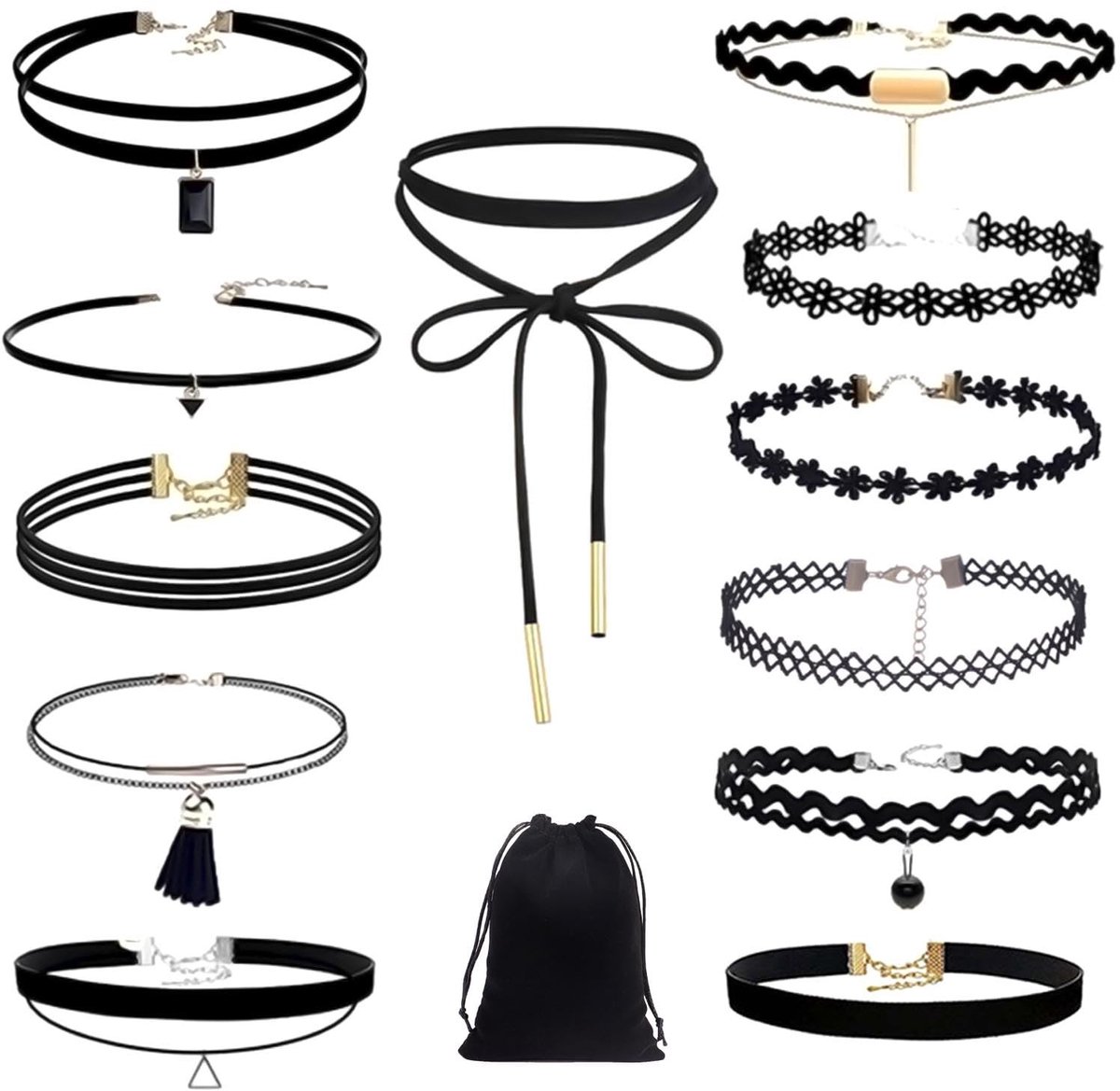 12-delige Dames Kanten Halsketting Set - Zwarte Clavicle Necklace met Kwastjes