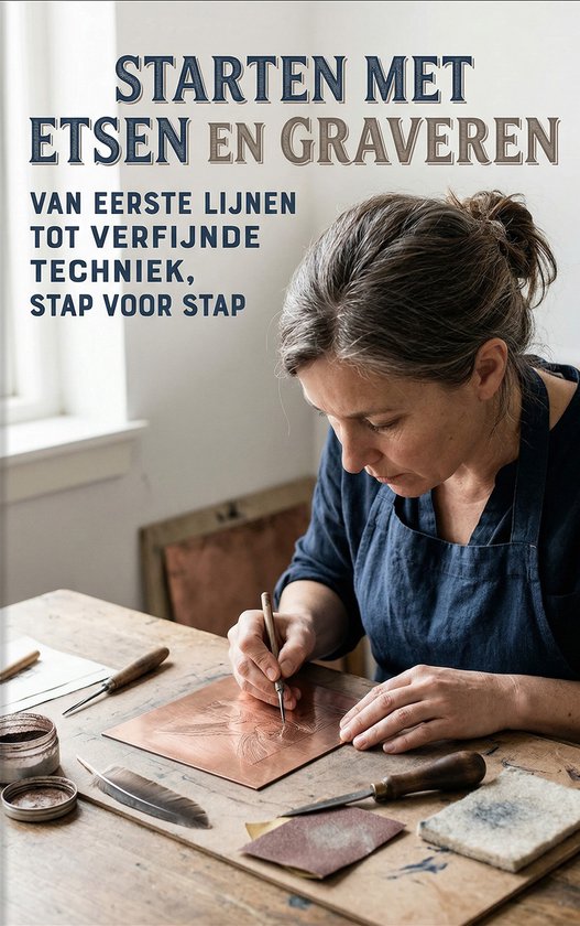 Vrouw tekent met een punt, etst op een koperen plaat. 'Starten met Etsen en Graveren' staat erboven.