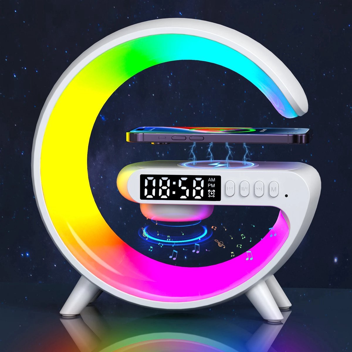 Multifunctionele Wekker LED-Lamp - Wit - Draadloos Opladen Speaker Licht Led Wekker Display SD kaart input IPhone Samsung Met Draadloze Oplader - Digitale Wekker - Lichtwekker - Bureaulamp - LED Light - Bluetooth Speaker