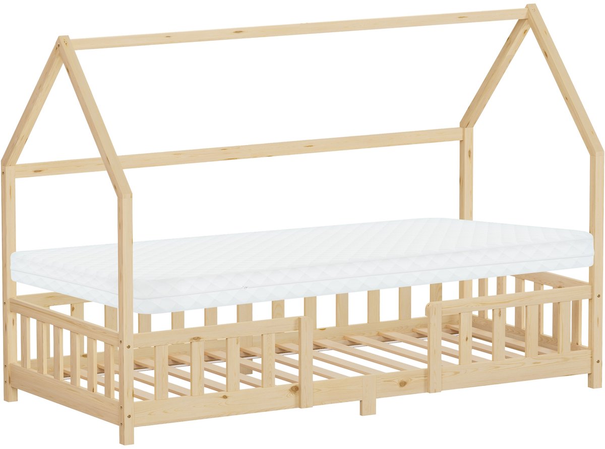 ml-design montessori kinderbed 90x200 cm met matras H:10 cm valbeveiliging natuur massief grenenhout huisbed voor meisjes en jongens met lattenbodem decoratieve kap houten eenpersoonsbed jeugdbed speelbed vloerbed bedhuis kinderbed met dak