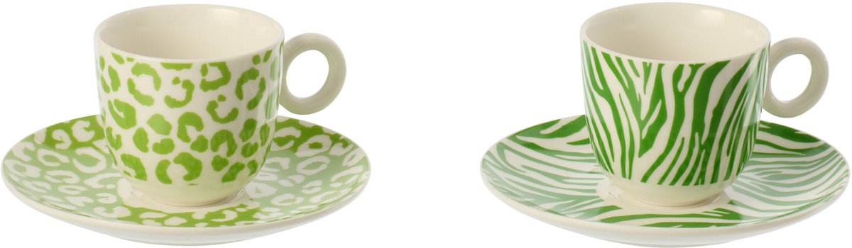 J-Line kopje + schoteltje Luipaard + Zebra - porselein - groen/wit - small - set van 2