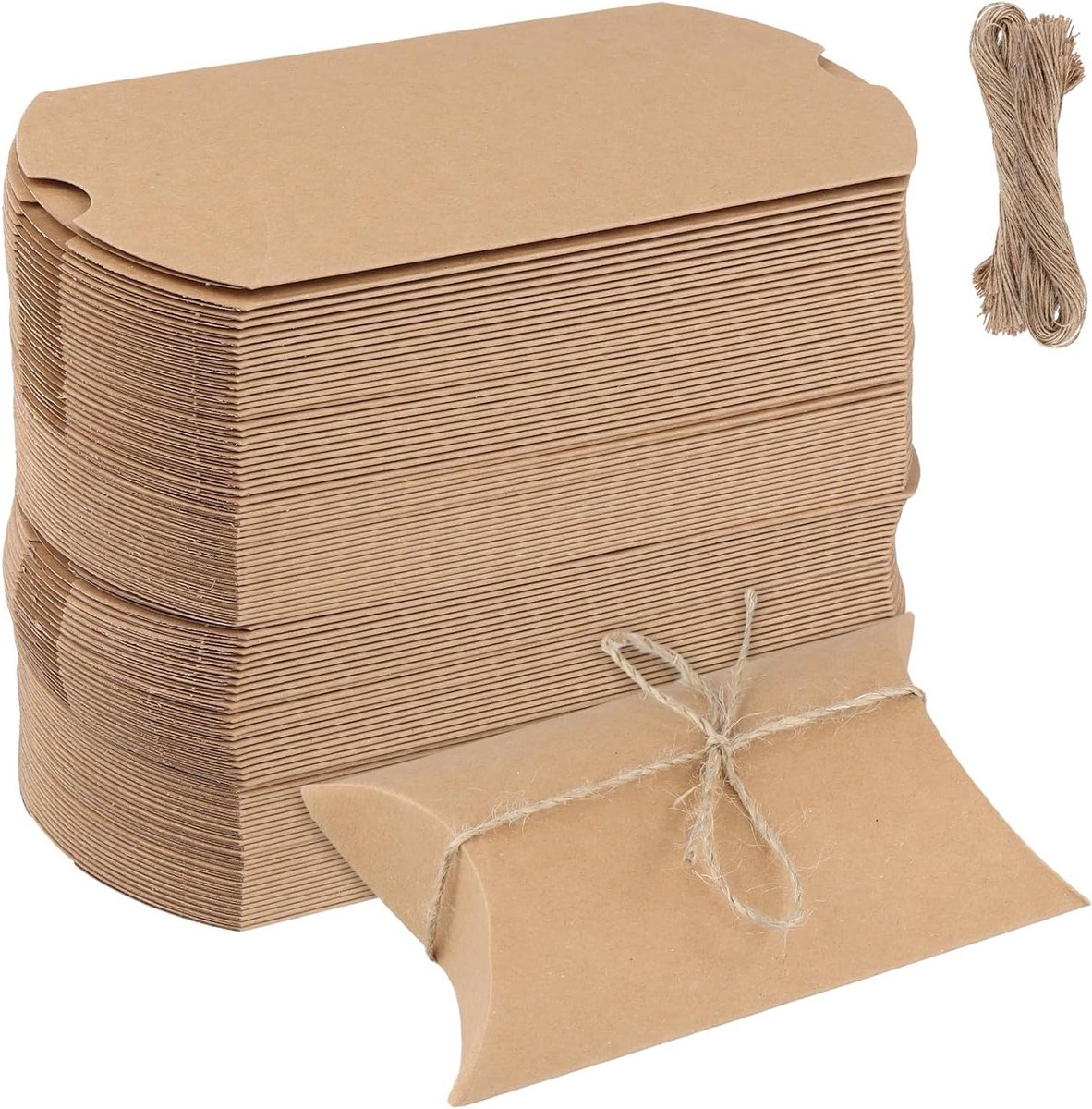 100 stuks bruine kussen papieren dozen 13 x 8,8 x 3,5 cm met jute touw voor bruiloften, verjaardagsfeestjes en geschenken
