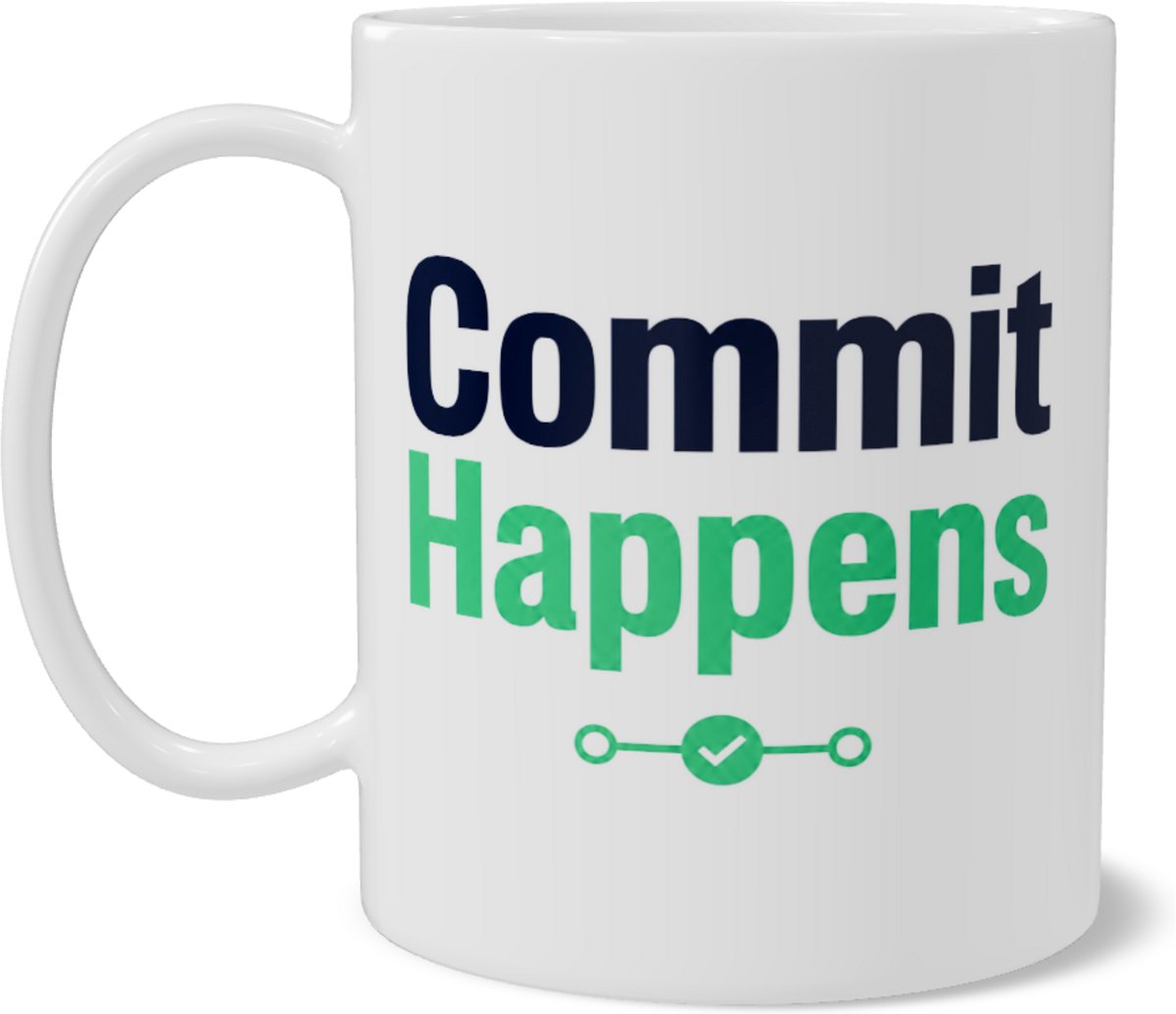 Developer Koffiemok Commit Happens - Grappige Git Beker voor Programmeurs en Developers - IT Cadeau - Wit - Tweezijdige Bedrukking