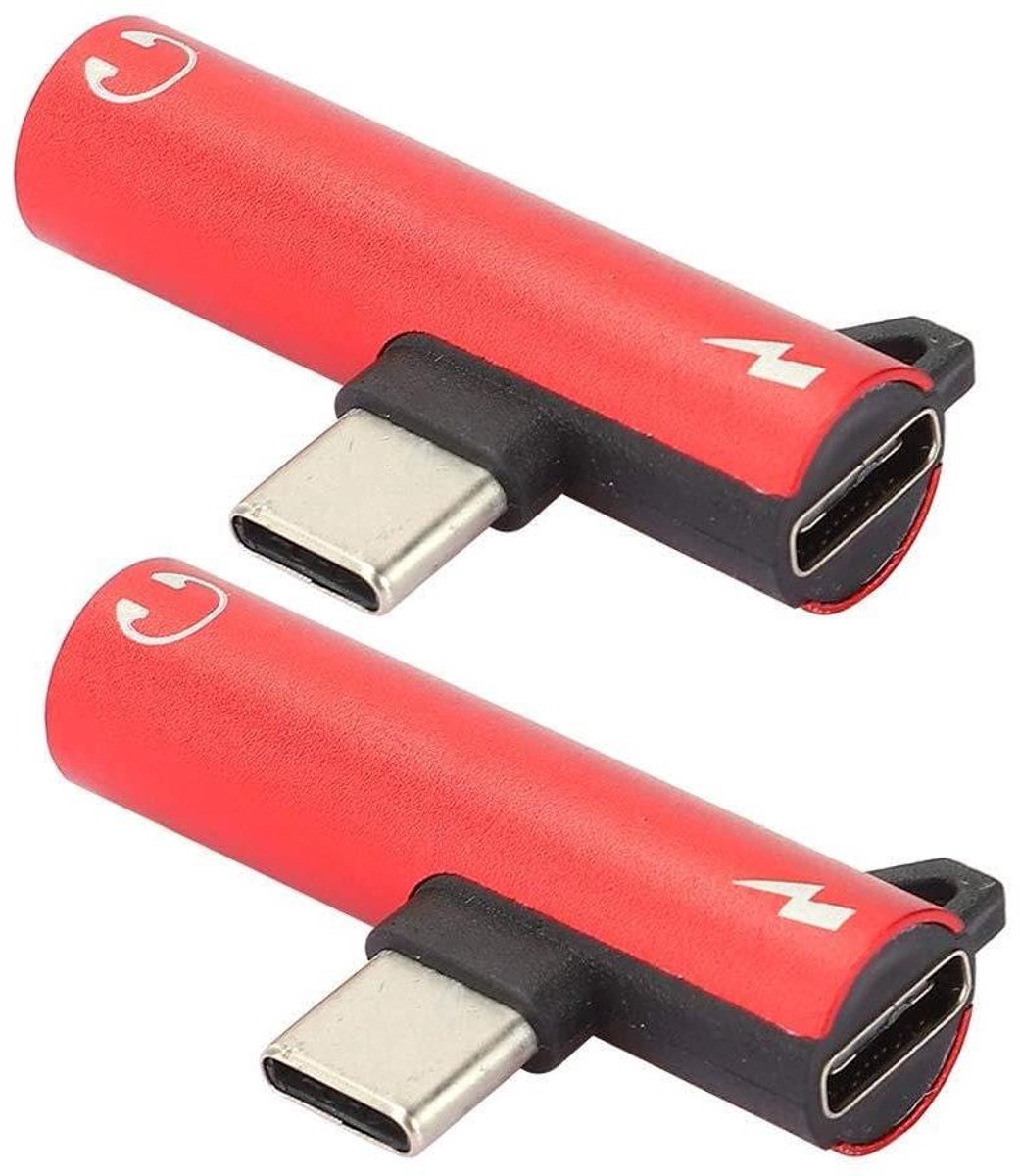 Type-C Adapter - Hoofdtelefoon Adapter - Muziek Luisteren - Dubbel Functie - 2 Stuks - Rood