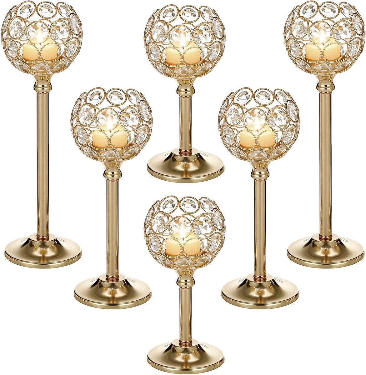 6 stuks gouden kristallen kandelaars, heldere kralen met metalen basis, elegante theelichttafel middelpunt voor bruiloftsfeest, open haard kandelaar, diner en woondecoratie