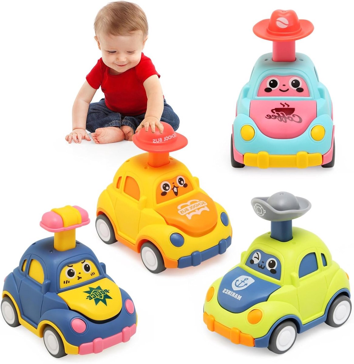 Speelgoedauto voor Baby's en Peuters van 1-3 Jaar - Druk-en-Loop Voertuig Set voor Kinderen, Perfect als Cadeau voor Jongens en Meisjes