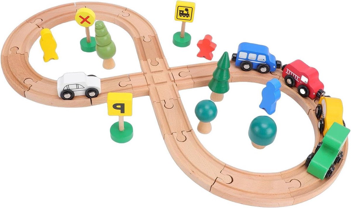 Houten Treinbaan - Bouwstenen Treinset - Creatief Spelen - Duurzame Constructie - 18 Baanblokken - Natuurlijk Hout