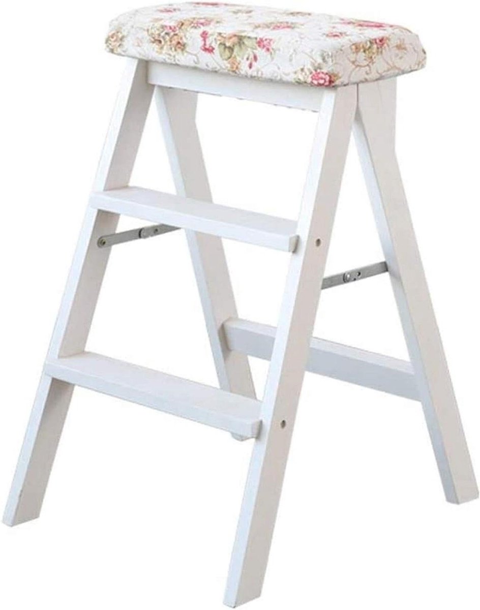 Opvouwbare Ladderkruk - Keuken Stoel - Ruimte Vergroten - Stevig Houten Frame - 3-Traps - Wit