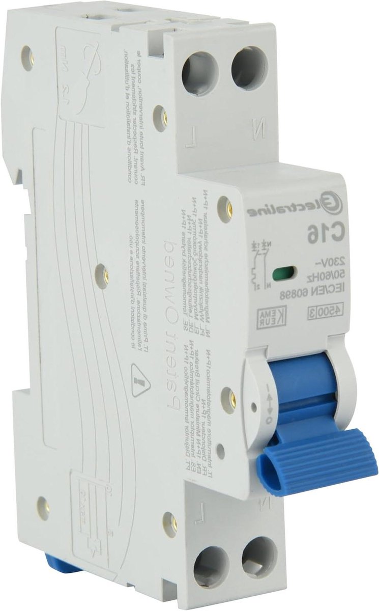 Electraline 87002 circuit breaker 16A, curve C (optimal protection against overcurrent and short circuit), 1P+N, 4.5kA, 240V, CE, KEMA COURT, and UKCA